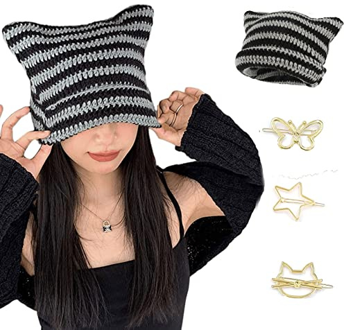 Y2K Mütze mit Katzenohren, gestreift, gehäkelt, Vintage, Grunge-Zubehör, Slouchy Beanies für Damen