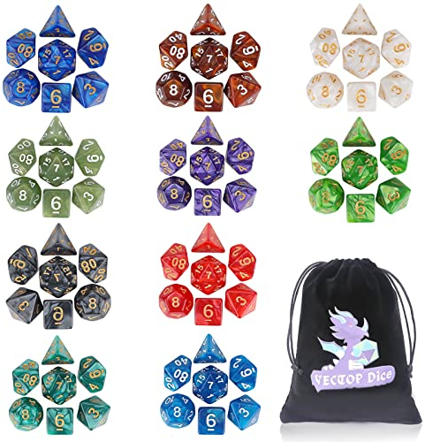 DND Würfel Sets, 10 X 7 Sets (70 Stücke) Polyeder Würfel für Dungeons und Drachen RPG MTG D&D Tischspiel mit 1 Big Pouch D4 D8 D10 D12 D20
