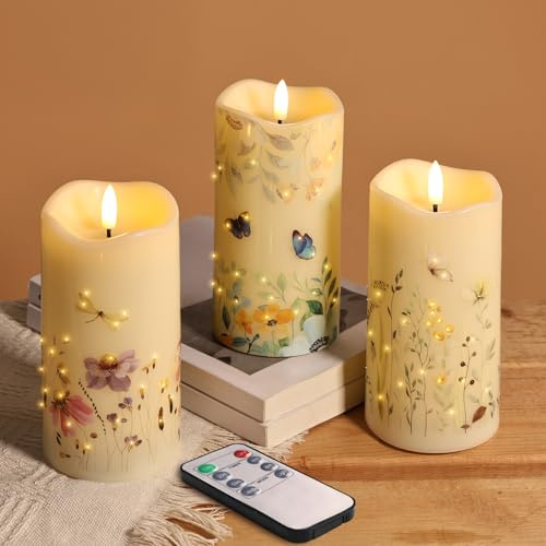 Eywamage Fiber Optic Flameless Pillar Candles with Remote Set of 3, Butterfly Floral Spring LED Candles Battery Operated Gift Φ 3 H 6