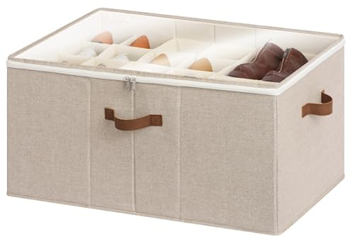 StorageWorks Shoe Storage Box, Fits up to 24 Pairs, Extra Large Foldable Shoe Organiser with Clear Cover and Adjustable Dividers, Stackable Wardrobe Storage for Trainers & Boots, Brown & Beige