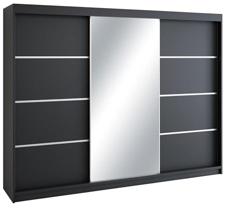 Mars Meble Mono Kleiderschrank mit Spiegel, Garderobe mit Hochglanz, Schwebetürenschrank mit Schubladen, Schiebetür Garderobenschrank, Schiebetür Schrank, Schwebetürenschrank 200cm, Schwarz