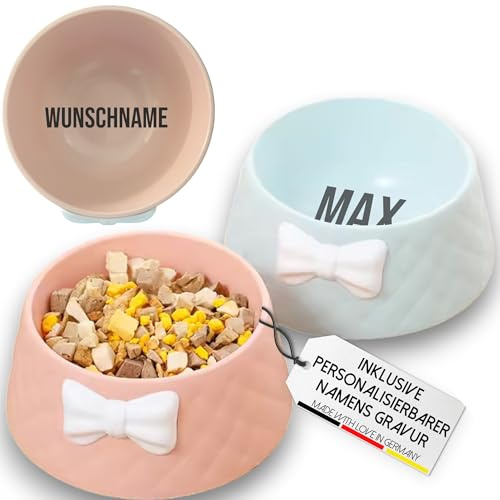 Personalisierter Hundenapf/Katze mit Namens Gravur – Schleifen-Design für Hunde und Katzen, Namen individuell eingravieren, Trinknapf Klein für Haustiere (Grau)