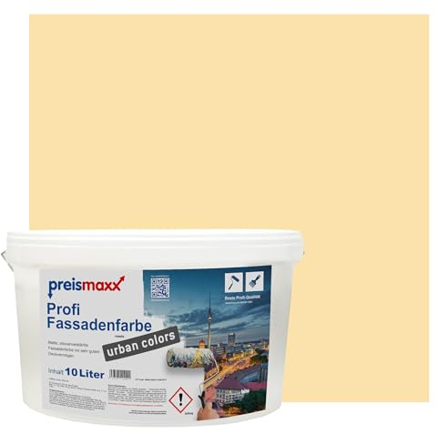 Preismaxx Profi Fassadenfarbe urban colors, bunte Außenfarbe, gelb, sandgelb, sand yellow 10L, matte, wasserabweisende Aussen-Dispersion, hohe Wasserdampfdurchlässigkeit