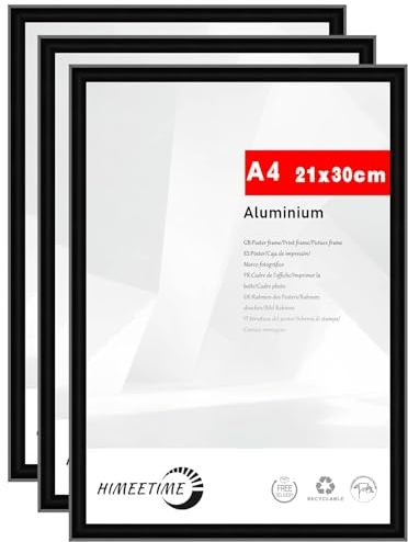 HIMEETIME® 3x Bilderrahmen A4 21x30 cm Schwarz Metall Rahmen,Dokumentenrahmen 21x29,7 cm Klein Collage, Metallrahmen Alu-Bilderrahmen Aluminium, Picture Frame A4 Fotorahmen