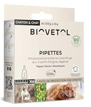 BIOVETOL - Pipettes Anti Puces, Anti-Tiques et Anti moustiques -Bio Certifié Ecocert - Repousse Pendant 4 Semaines - pour Chaton & Chat - Conçu et Fabriqué en France - 6 Pipettes