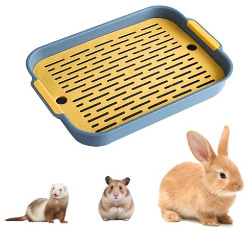 Hoquare Large Rabbit Litter Tray, Rectangular Bunny Litter Box with Grid, 2 Tier Flat Rabbit Cage Toilet Tray, Small Pet Litter Box Toilet Potty for Bunny, Guinea Pig, Cat(Blue)