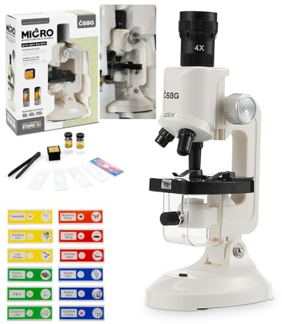 Kids Microscope, Microscope for Kids Portable Microscopes Kid Educational Science Kit for Kid Beginner Microscopes 100X 400X and 1200X with Sample Prepared Slides 12pcs Educational Toy, White