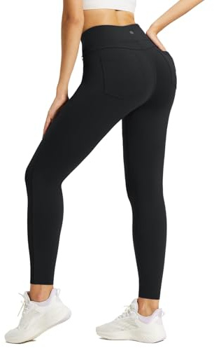 BALEAF Fleecefodrade damleggings jeans look hög midja termiska jeggings med fickor vinter träning sportbyxor, Svart, XL