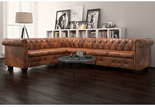 Willood Chesterfield-Sofa L-Form Ecksofa mit Schlaffunktion 6-Sitzer Kunstleder Braun