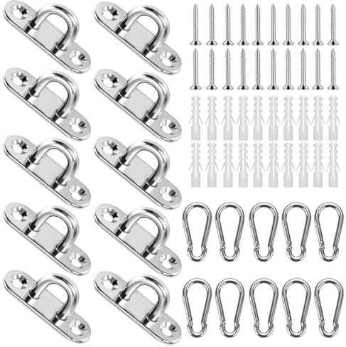 10 piastre per occhi in acciaio inox con occhiello e moschettone – 304 piastra di copertura in acciaio inox per accessori per barche e esterni, gancio da soffitto, fissaggio a parete, tenda da sole,