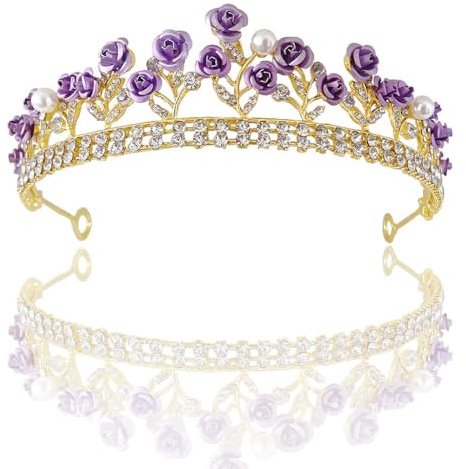 MEZHEN Rosen Kristallkrone Tiara Krone Damen Strass Krone Mädchen Braut Haarschmuck Diadem Hochzeit Kopfschmuck Lila Tiara Karneval Valentinstag Party Brautschmuck