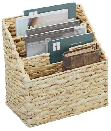 Relaxdays Zeitungsständer, Wasserhyazinthe, HxBxT: 34 x 34 x 20 cm, Zeitungshalter mit 3 Fächern, Zeitungskorb, Natur