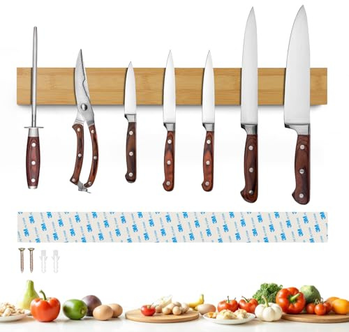 Sampoes Magnetleiste Messer 50cm, Messerhalter Magnetisch aus Bambus, Magnet Messerhalter Selbstklebend für Messer und Utensilien