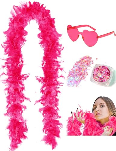 DAJOOEE Boas à plumes de 45g (2 yards) avec paillettes et lunettes soleil en cœur - Pour femmes et adolescentes - Fêtes d'enterrement de vie de jeune fille, Halloween et déguisements (Rose fluo)