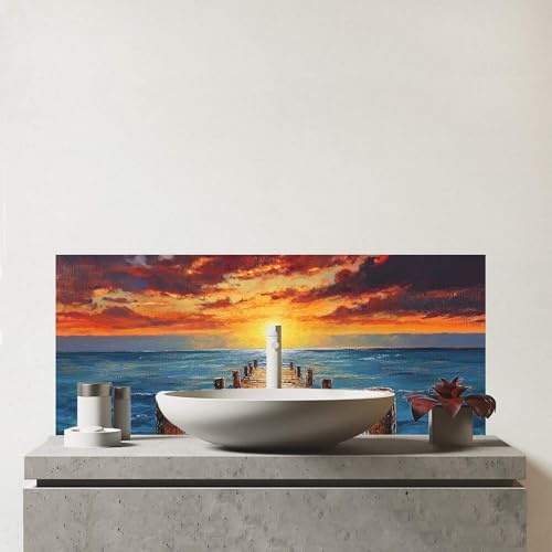 Warren Reed - Designer Premium Sunset Over A Carribean Sea Glass Bathroom Splashback 6mm Toughened Glass – Water-Resistant Wall Protector for Basins & Sinks, Polished Edges