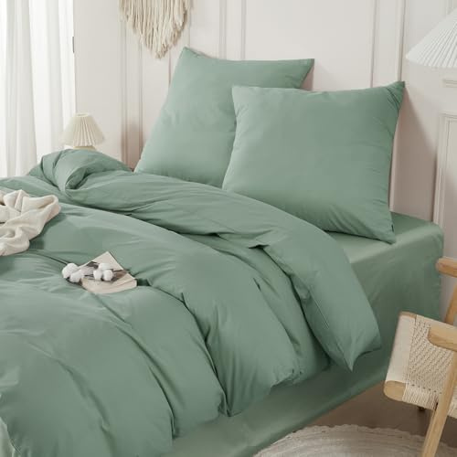 SAPHREAS Bettwäsche 200x200 100% Gewaschene Baumwolle 3teilig, Bettwäsche Sets mit Reißverschluss & 8 Schlaufen, Oeko-Tex Zertifiziert Bettbezug für Allergiker, Sage Grün(Ohne Bettdecken)