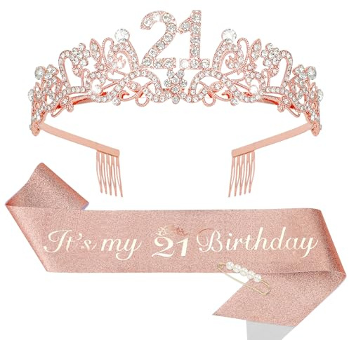 KIUEZIR Rose Gold 21st Floral Shaped Birthday Tiara & Sash Set for Women | lightweight alloy tiara with side comb, soft glitter fabric sash and pearl pin, suitable for women 21st birthday decorations