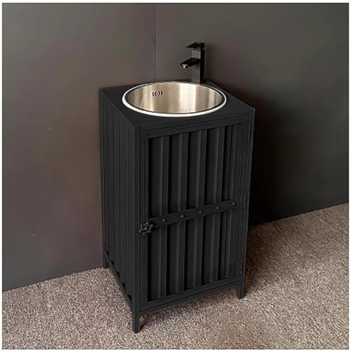 ZTGL Badmöbel Set, Edelstahlwaschbecken mit Warm- und Kaltwasserhähnen, Freistehender Badezimmermöbel Waschtisch, Schrank Klein Mit Lagerung, Loft Industrial Retro Iron Art Waschplatz,Schwarz