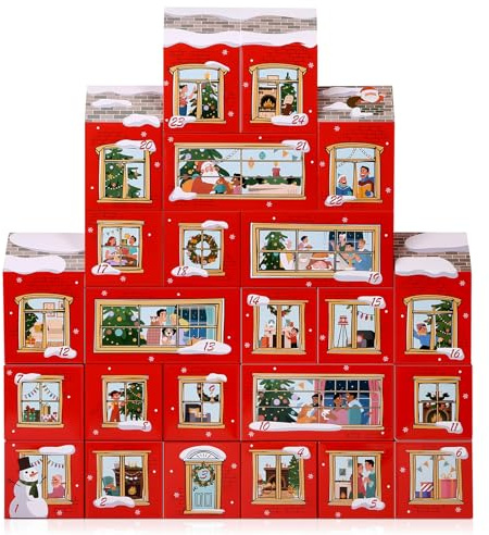 GWHOLE Calendrier de l'Avent 2025 à Remplir 24 Boîtes Cadeaux en Papier Cartonné Rouge et Or Forme Maison avec Toit Enneigé Décoration de Table Festive pour Famille et Enfants