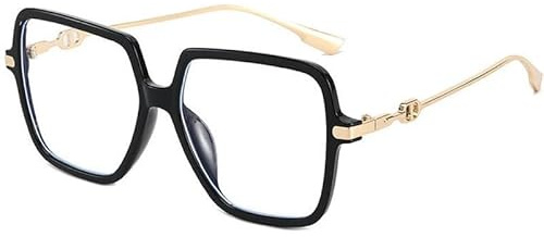 Générique Lunettes de Vue Carrées Oversize, Monture Noire avec Branches Dorées, Protection Lumière Bleue, +1.5
