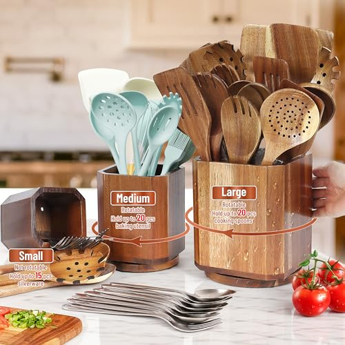 KINGSOW Wooden Utensil Holder Set: 3PCS Extra Large Acacia Wood Organizer with 360° Rotating Base for Kitchen Countertop - Farmhouse Storage Crock for Multi-Generation Family & Cooking Enthusiasts