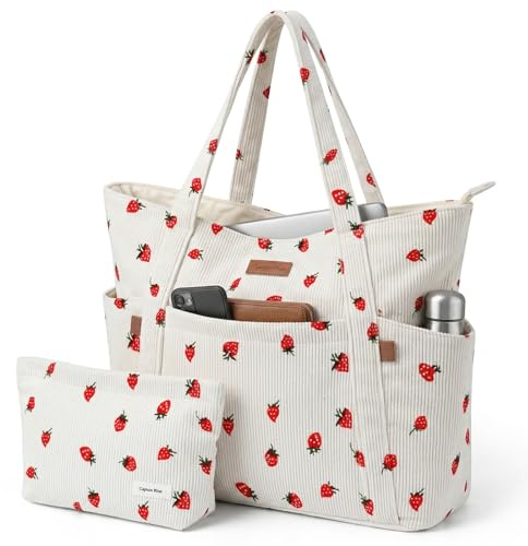Captain Blues Cord Tasche Damen, Große Tote Bag mit Laptopfach, Shopper Tasche Damen mit Reißverschluss und weichem Baumwollfutter, Arbeitstasche für Uni, Schule, Lehrer (Beige Strawberries)