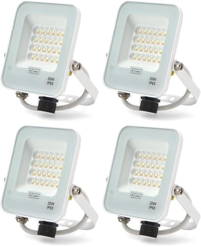 M Ledme - Faretto Proiettore Led Napoli Plus Bianco 20W, Protezione IP65, Dimmerabile da Luce Fredda a Luce Calda 2700K-6500K, Per l'utilizzo in giardini, terrazze, parcheggi, hotel. (Confezione da 4)