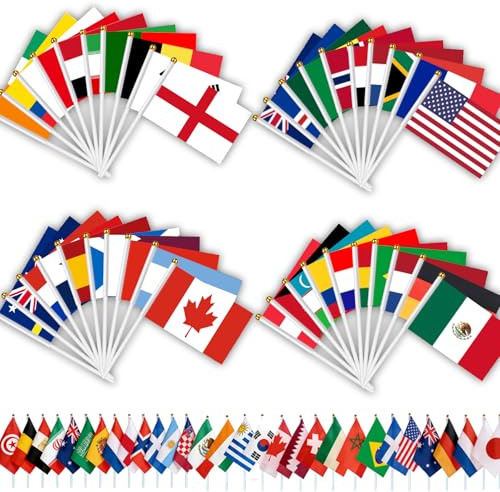 AhfuLife 48 Pays Drapeaux de Coupe du Monde de Football, 14 x 21cm Drapeaux Décorations de la Coupe du Monde avec Mât Blanc de 30cm pour Décor Compétition Football Fans Bar Clubs Fêtes