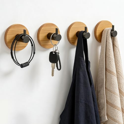NAYAHOSE 4 Stück Holz Handtuchhaken, Bambus Rostfrei Haken, Handtuchhaken Selbstklebend, Kein Bohren, Edelstahl Bambus Haken, Wandhaken Kleiderhaken für Schlafzimmer Küche Badezimmer (4, Schwarz)