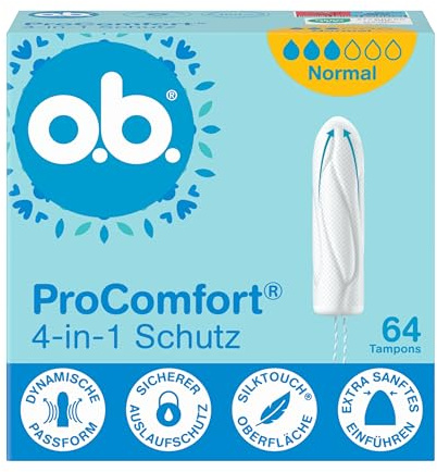 o.b. ProComfort normal 4-in-1 Schutz Tampons, 1 x 64 Stk | Tampons mit extra sanfter Spitze für einfaches Einführen und bis zu 100% Auslaufschutz, ideal für Sport und Alltag