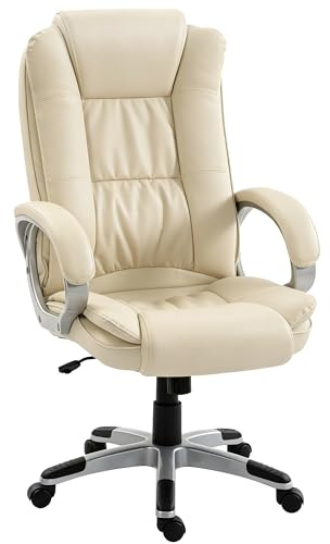 HOMCOM Sedia da Ufficio Ergonomica con Braccioli Imbottiti, Sedia Scrivania Imbottita Girevole in Pelle PU, Funzione Dondolo, Schienale Alto, Altezza Regolabile, Beige