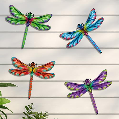 Zecnaud Libellen Metall Wanddeko, 4 Stück Libellen und Kolibris Balkon Deko Wand, Kolibri Gartenfiguren für Draußen Wetterfest, Dragonfly Wanddeko Garten für Balkon Gartenzaun Außen Deko (A)