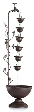 Alpine Corporation MAZ254 Outdoor Floor Tiered Vintage Water Fountain w/ 6 Hanging Cups, Soothing Tier Waterfall, 38, Bronze