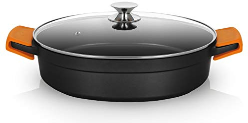 Orbegozo CDB 1036 Cacerola Baja Aluminio Forjado, 8 L, Superficie Antiadherente Libre de PFOA, Asas de Silicona, Tapa de Cristal Templado