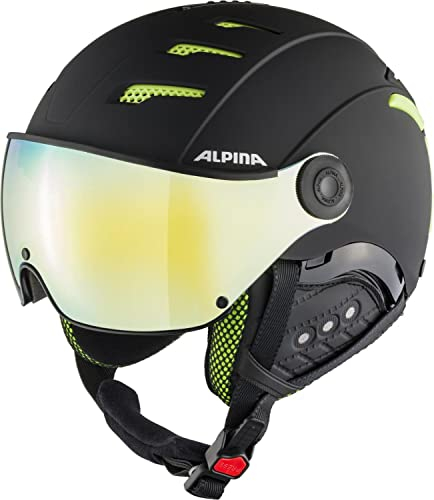 Alpina Jump 2.0 Q-LITE - Sicherer, Stoßabsorbierender & Indiv. Anpassbarer Skihelm Mit Kontrastverstärkendem Visier Für Erwachsene, Black-Lime matt, 52-54 cm