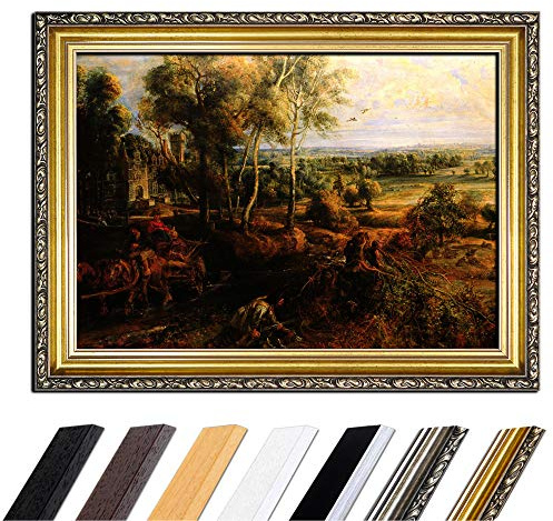 Bilderdepot24 Bild mit Rahmen - Peter Paul Rubens Landschaft mit Ansicht von Schloss Steen 50x40 cm - Gerahmtes Leinwandbild Alte Meister - Antiker Rahmen Gold Barock, Klassisch