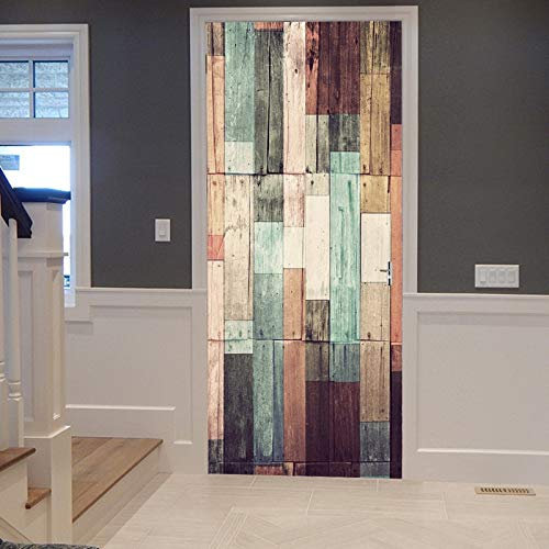 A.Monamour Türtapete Selbstklebend Türfolie Türposter 3D Braun Grün Bunt Bemalte Holzbretter Bretter Holz Textur Vinyl Folie Türdeko Tapete Wandbild Türaufkleber Türtattoo 90 x 200 cm