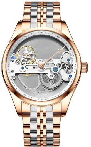 RORIOS mode, herrklocka, automatisk klocka, mekaniskt armbandsur med rostfritt stål band, vattentät Tourbillon-klocka för män, Roséguld vit B.