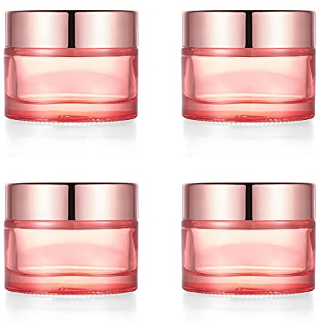 Pink Glass Cream Jar,4 Pack 1.7 oz/50g Face Lotion Jar Pot,Empty Refillable Glass Cosmetic Cream Bottle Container With Rose-Golden Cover,Inner Liners for Moisturizer,Eyeshadow,Makeup Emulsion