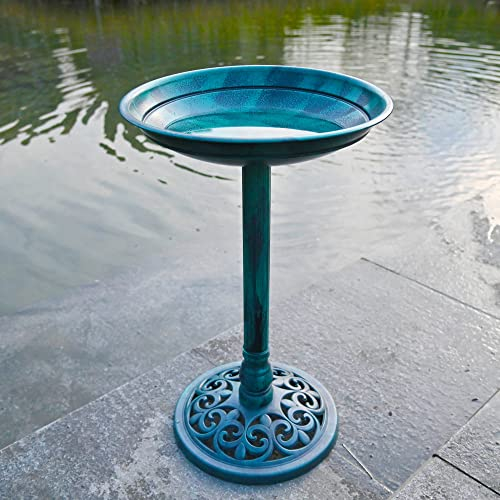 Unibos Outdoor Garden Bird Bath Pedestal Bowl for Wild Birds, Weatherproof Resin Bird Bath, Traditional Verdigris Effect Garden Ornament, Decorative Bird Water Feeder for Patio Lawn & Backyard