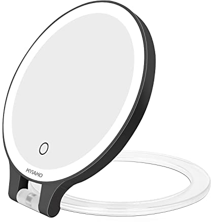 Kostlich MYIAMO Miroir de Maquillage avec lumières, Miroir grossissant Double Face Lumineux 10X/1X avec 3 Modes d'éclairage de Couleur, Miroir de Table avec poignée Pliable, Noir