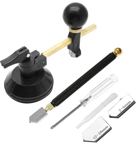 Jiozermi Glasschneidewerkzeug-Set, Bleistift-Stil, Hartmetallspitze und verstellbarer runder Glasschneider mit extra austauschbarem Kopf, Schraubendreher und Ölbehälter