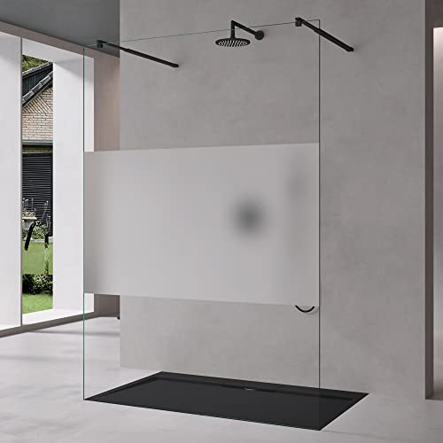 Mai & Mai Box Doccia Walk-In 110x200cm, Parete Doccia in Vetro Parzialmente Smerigliato 10mm Vetro di Sicurezza ESG con 2 Bracci Sostegni Telescopici MMBR3 Nero