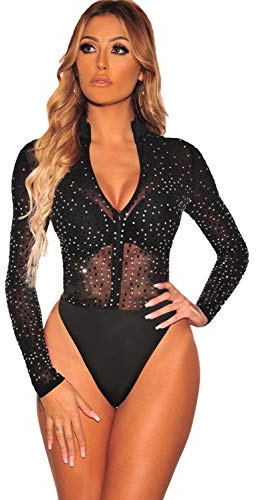 NBBNYJ Body Nero Donna Elegante Vintage Bodysuit Estivi Mesh Daimonds Manica Lunga Blusa Camicie Top Tuta Abbigliamento Nero-5 XL