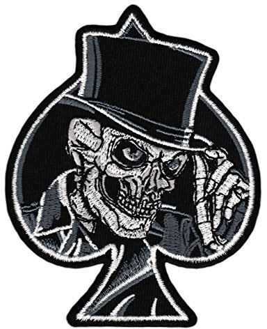 Totenkopf Zylinder Hut Pik Aufnäher zum aufbügeln oder aufnähen Bügelbild Aufbügler für Kleidung gestickter Bügelpatch Applikation Biker Kutte Patch Größe 8,4 x 10,4 cm
