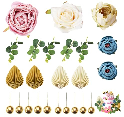24 Stück Set Tortendekoration, dekorative Simulation Blumen, Vintage Tortendekoration, Tortenkugel Zubehör, Faltfächer Einsätze, kreative Dessert Dekoration, Geburtstagstorten Einsätze Multicolor