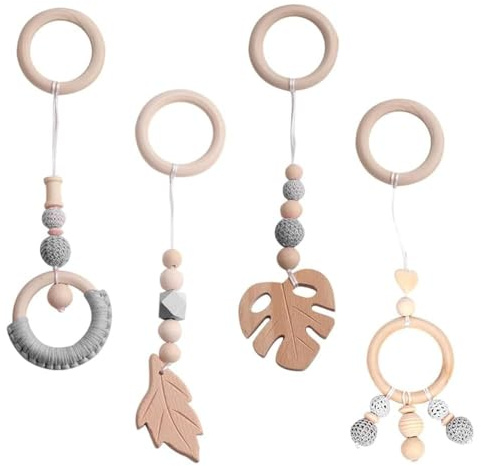 Tutamaz Spielbogen Baby Spielzeug Anhänger ab 0 Monate 4 Stück Anhänger Spielebogen Babies Toys Spieltrapez Baby Gym Holz für Mädchen Jungen Babyspielzeug für Babyschale Kinderwagen Autositz Spielzeug