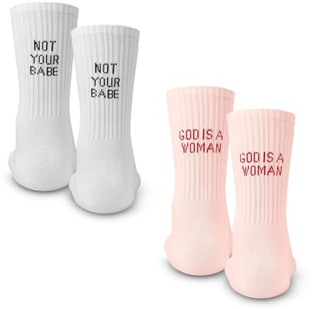 Made by Nami Weiße Crew Socks 2-er Set aus Baumwolle • Herren & Damen Weiße Retro Tennis Socken mit Sprüchen • Atmungsaktiv (DE/NL/SE/PL, Numerisch, 35, 40, Regular, Regular, Women Power)