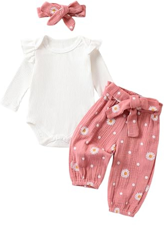 Geagodelia 3Pcs Baby Girl Daisy Clothes Outfit | Newborn Clothing Set, Ruffle Bodysuit Top, Pants Shorts, Headband, Spring Summer Baby Grows, 0-24 Months Babygrows