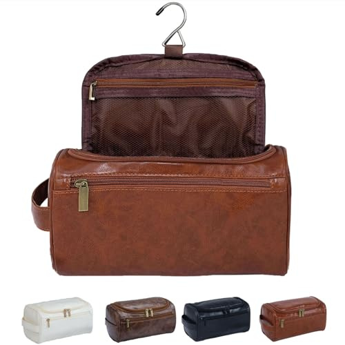 Kulturbeutel Herren PU-Leder zum Aufhängen - Große Reise Kosmetiktasche, Wasserdichte Waschtasche für Damen und Männer, Toiletttasche Schminktasche (Braun)